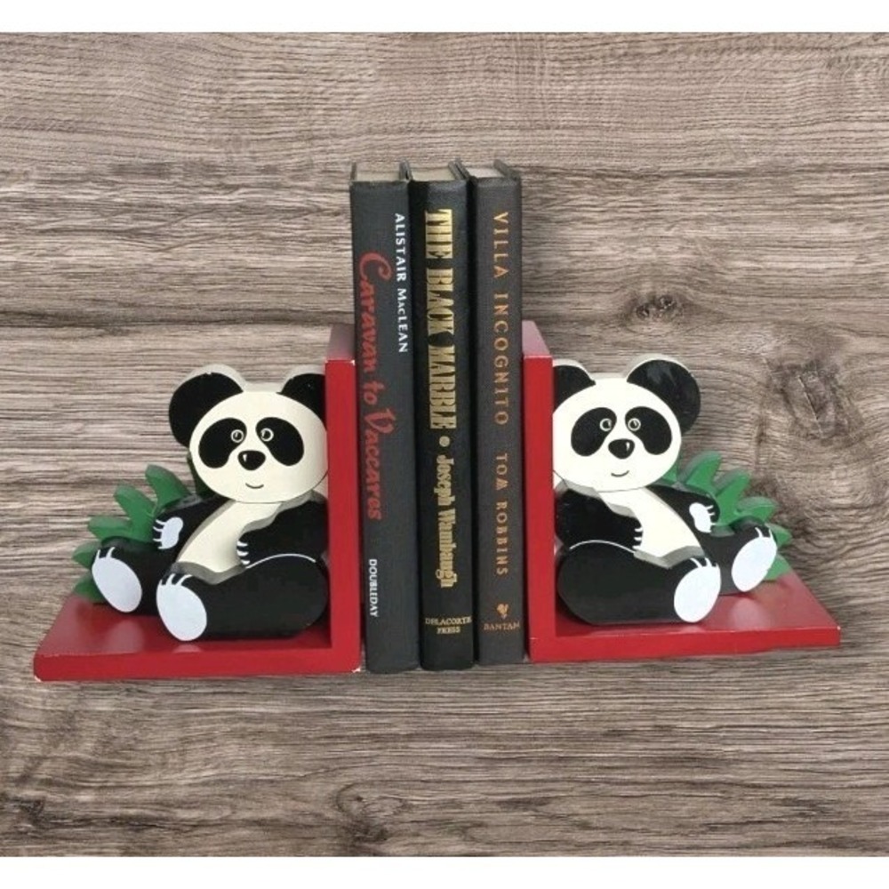 Bookends Panda Bear Nursery Childrens Decor Pair Sassafras Primary Colors Vtg